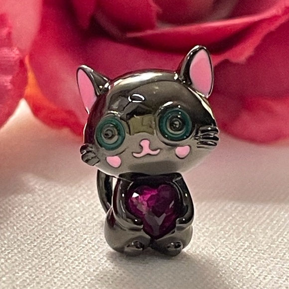 Charm for Pandora Bracelet Black Cat Holding a Rhinestone Heart Sterling Silver - Picture 2 of 13